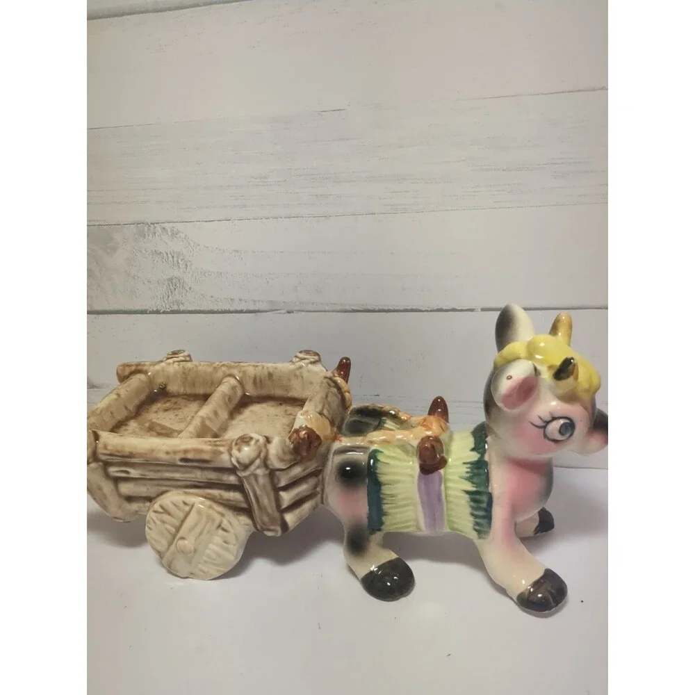 Retro Vintage 50s Kitsch Cow Pulling Cart Ceramic Candy Dish Trinket 10.5